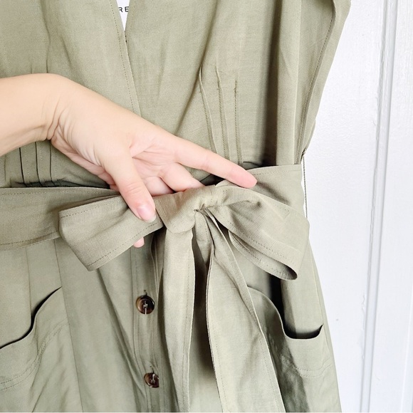 REISS • Emma Plunge Frill Shoulder Dress green midi button front tie waist belt - Picture 7 of 14